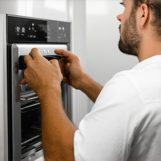 Technician adjusting or inspecting a home appliance during installation