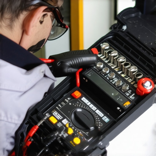 Technician testing an appliance with a multimeter and socket set in a repair shop