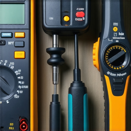 Tools used for appliance diagnostics and maintenance, including a multimeter, infrared thermometer, and leak detector.