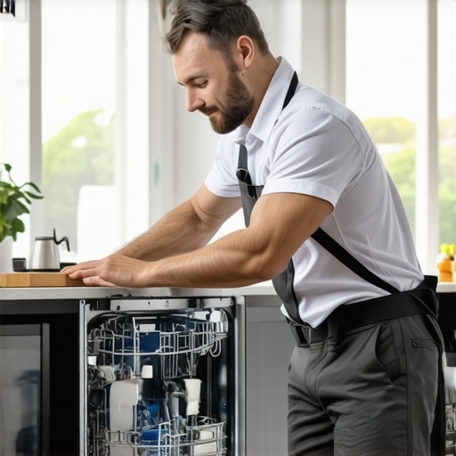 Technician carefully installing a built-in dishwasher under a granite countertop, ensuring proper alignment and secure fittings.