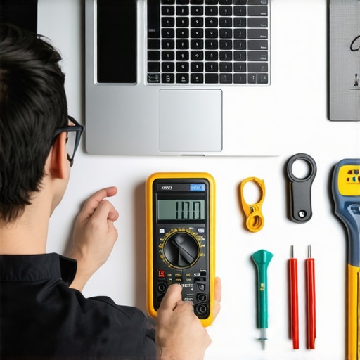 Technician with multimeter and laptop diagnosing appliances.