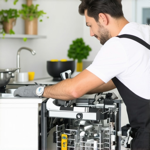 A technician repairing a dishwasher with tools in a contemporary kitchen
