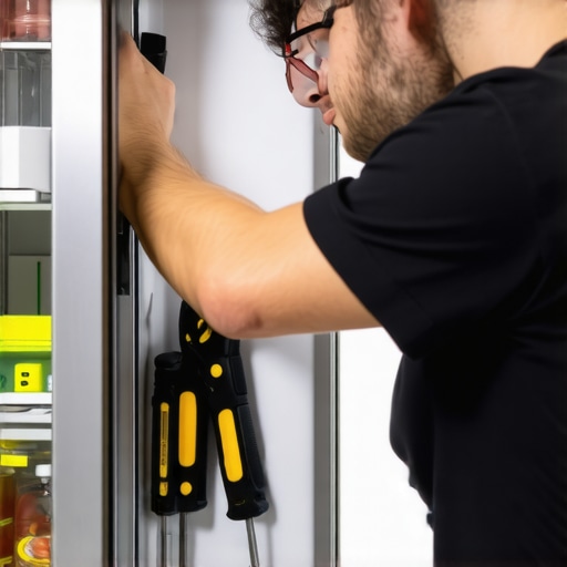 Technician leveling and measuring refrigerator for optimal clearance