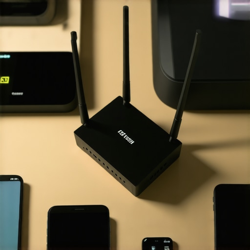 Technician repairing a Wi-Fi router with smart devices nearby