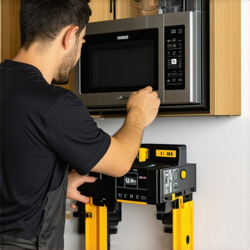 Technician installing a wall-mounted microwave with a level in a sleek kitchen.