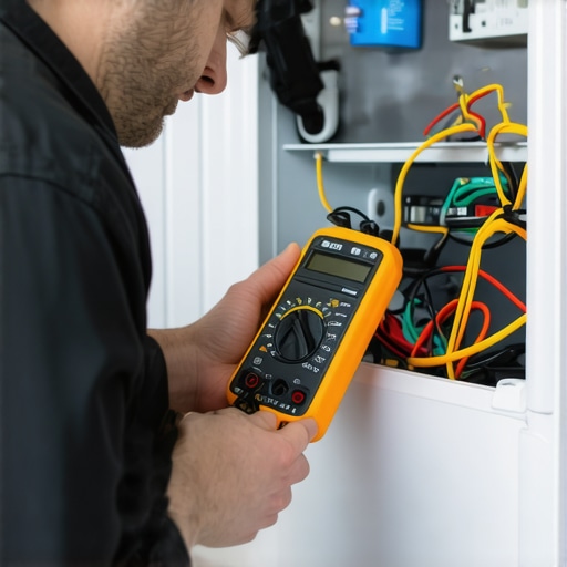 Technician using multimeter to diagnose refrigerator compressor
