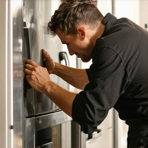 Technician repairing a refrigerator in a modern kitchen