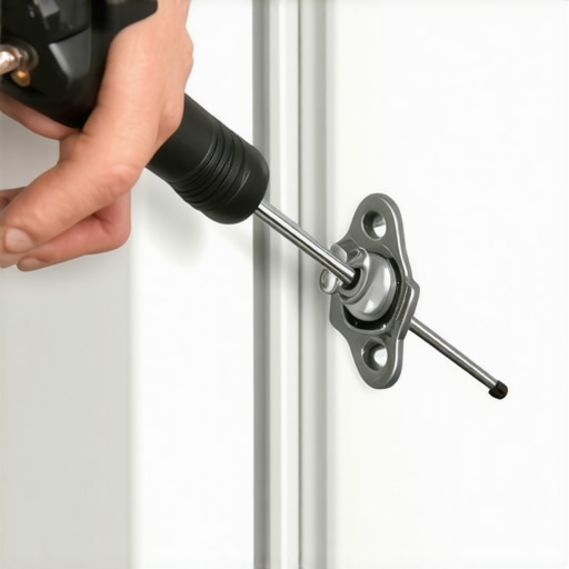 Close-up image showing a hand adjusting a refrigerator hinge with a screwdriver and shims for better door seal.