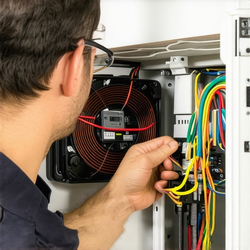 Technician examining refrigerator control panel and condenser coils for issues.