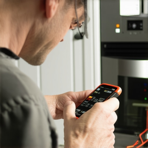 Person inspecting appliances with multimeter and smartphone
