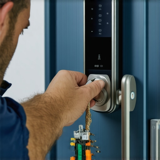 Person repairing a smart lock showing internal parts with tools