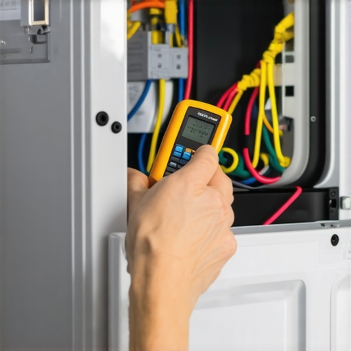 Homeowner diagnosing appliance electrical system with multimeter.
