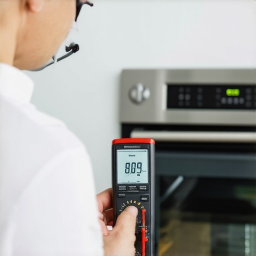 Homeowner conducting a continuity test on an oven's bake element using a multimeter in a kitchen setting