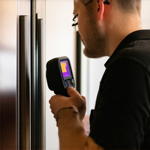Technician holding a thermal camera inspecting a refrigerator for overheating parts