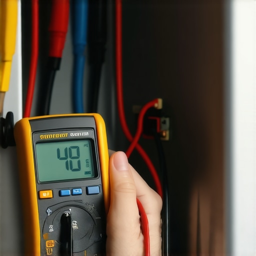 Technician testing refrigerator component with multimeter; focus on device and wiring.