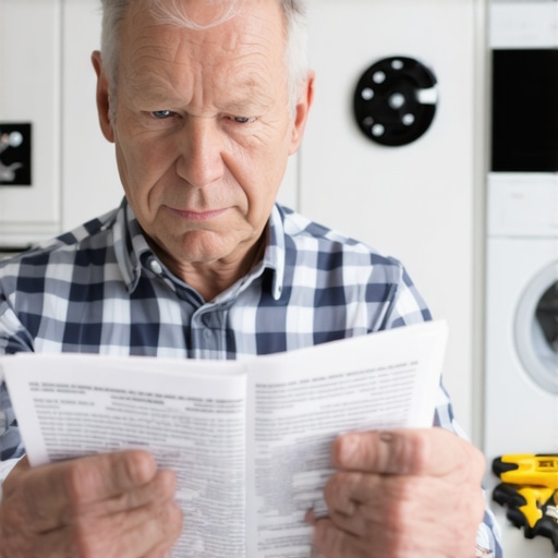 Homeowner reviewing appliance warranty terms with repair tools nearby.