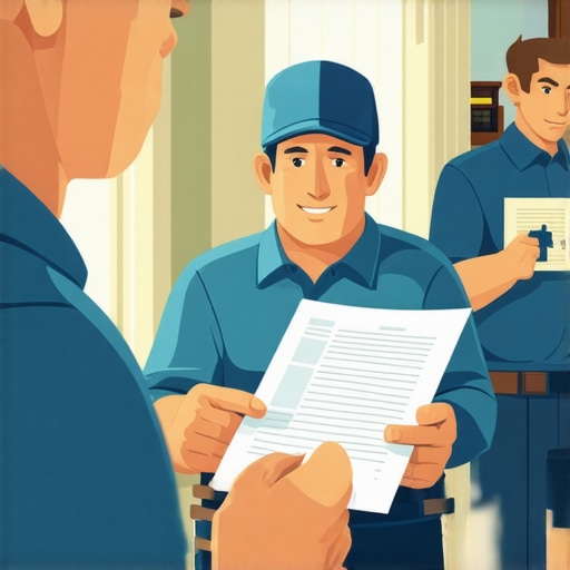 Homeowner reviewing warranty documents with technician in background