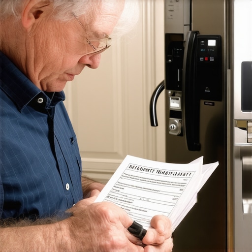 Homeowner reviewing warranty documents with a repair technician in the background.