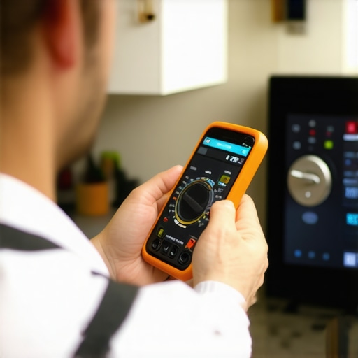 Technician testing appliances with a multimeter and smartphone app