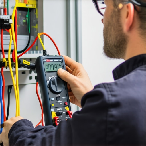 Technician testing electrical components with a digital multimeter in a workshop.