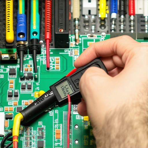 Technician measuring voltage on an appliance circuit with a digital multimeter.