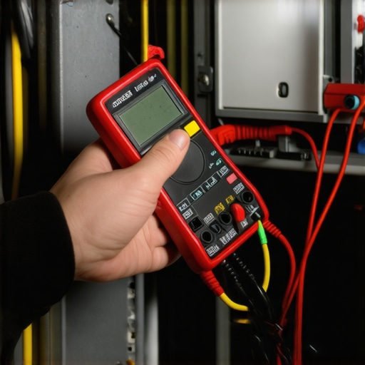 A person testing electrical wiring inside an appliance with a multimeter