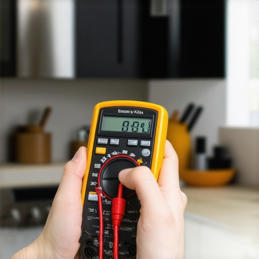 A person demonstrating how to use a digital multimeter to test an appliance in the kitchen.