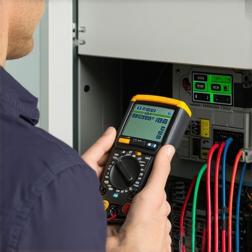 Technician testing an appliance component with a digital multimeter in workshop.