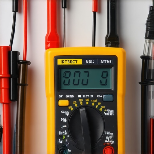 A hand holding a digital multimeter testing a home's appliance electrical connection