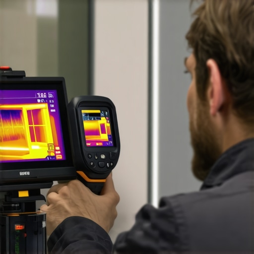 Person inspecting appliances with a thermal camera, highlighting temperature differences for maintenance