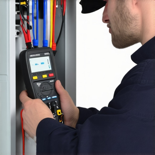 Technician testing appliance wiring with multimeter.