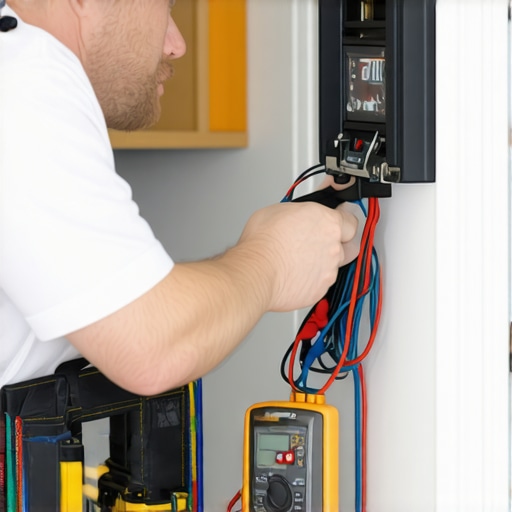 An electrician testing doorbell wiring with multimeter in a residential setting