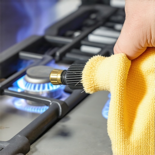 Person cleaning stove igniter with brush and cloth.