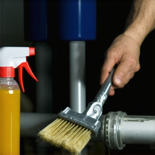 Technician using brush and vinegar to clean HVAC condensate drain line.