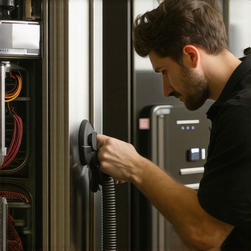 Technician vacuuming refrigerator coils in a kitchen