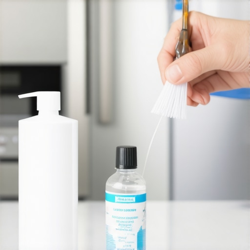 Cleaning Refrigerator Water Line Screen Person cleaning water line filter in refrigerator with brush and vinegar