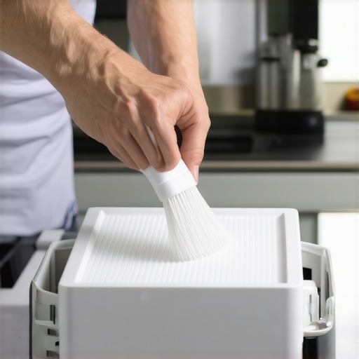 Person cleaning dishwasher filter with small brush in a kitchen