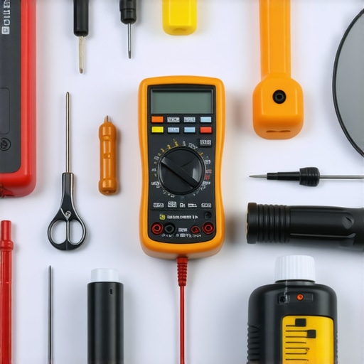 A comprehensive toolkit for household appliance maintenance including multimeter, lubricant, and inspection mirror.
