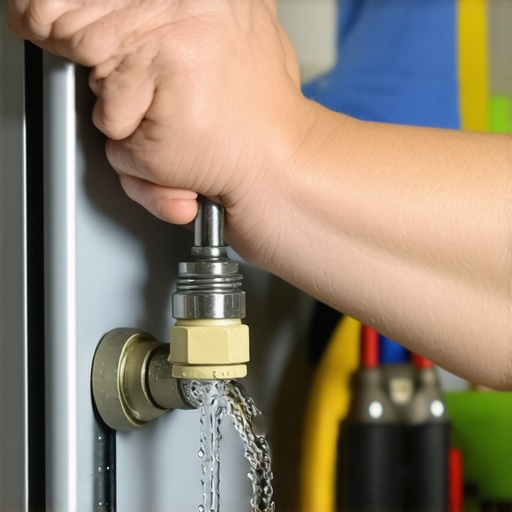 Person disconnecting water line from refrigerator using a wrench