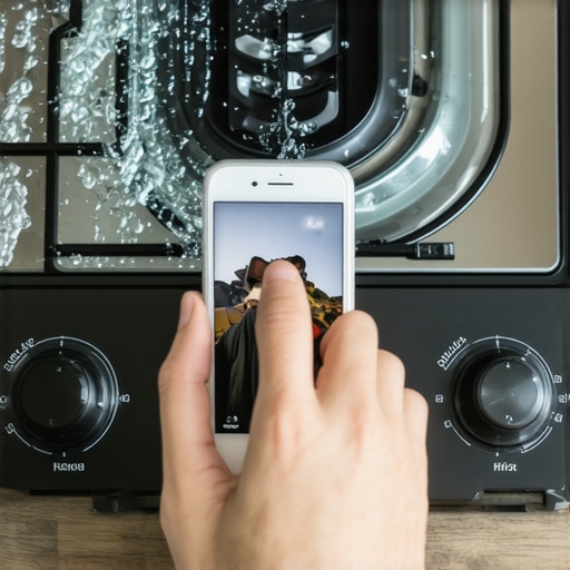 Person photographing a scratched glass cooktop with a smartphone for warranty claim evidence.