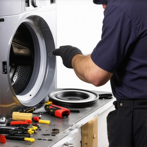 Technician using tools to replace dryer drum bearings inside an open dryer