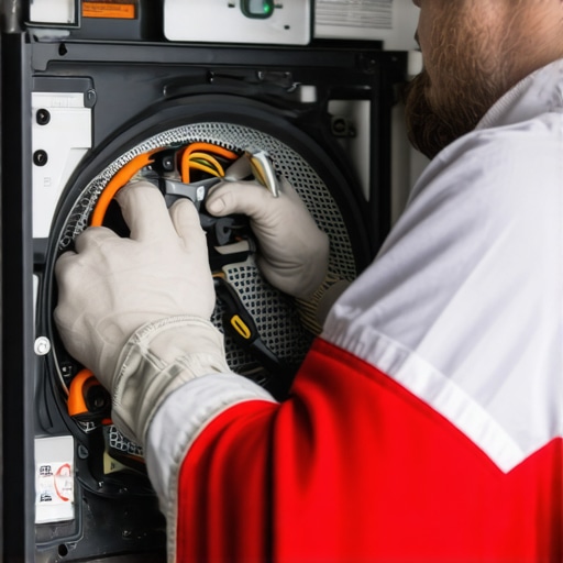 A professional technician checking a dryer's heating element to troubleshoot long dry cycles.