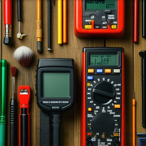 A set of professional appliance repair tools including a multimeter, brushes, and diagnostic devices neatly arranged on a workbench
