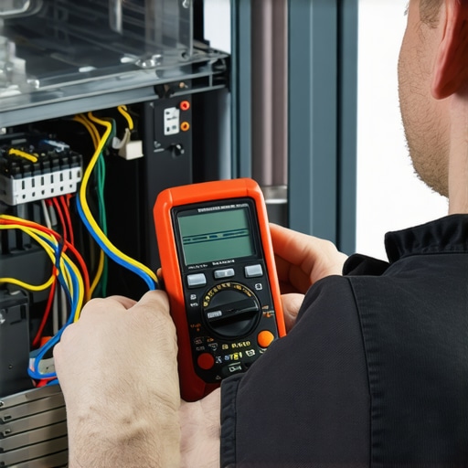 Technician using multimeter and inspection camera to diagnose appliance issues.