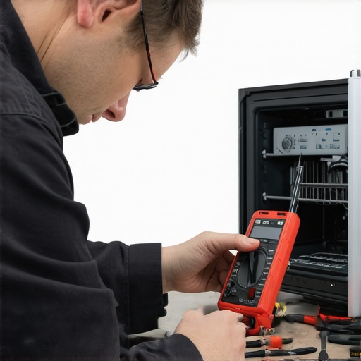 Technician performing maintenance with multimeter and tools in a workshop.