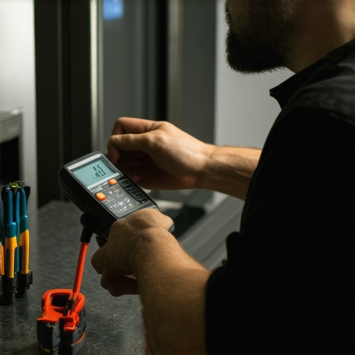 Essential Tools for Long-Term Appliance Maintenance Technician testing appliances with a multimeter and cleaning coils with brushes