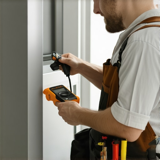 A person inspecting an appliance with a multimeter and cleaning brushes in a home setting.
