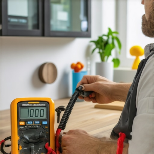 Essential tools for appliance maintenance Homeowner diagnosing an appliance with a digital multimeter and using a drain snake in the kitchen.