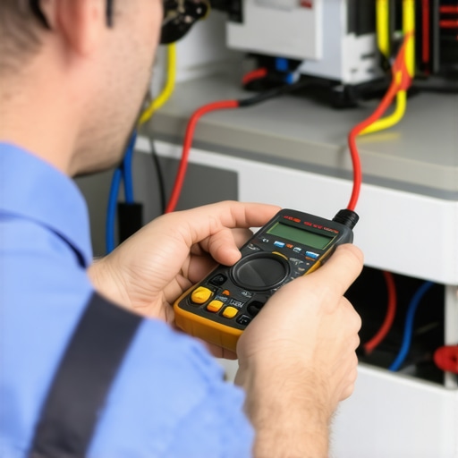 Technician using a multimeter to troubleshoot appliance wiring