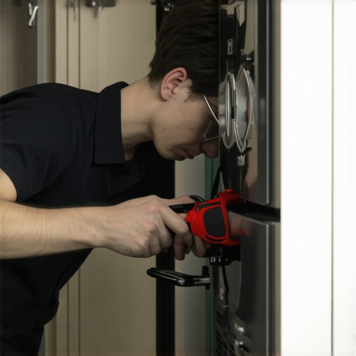 Technician installing an appliance with tools